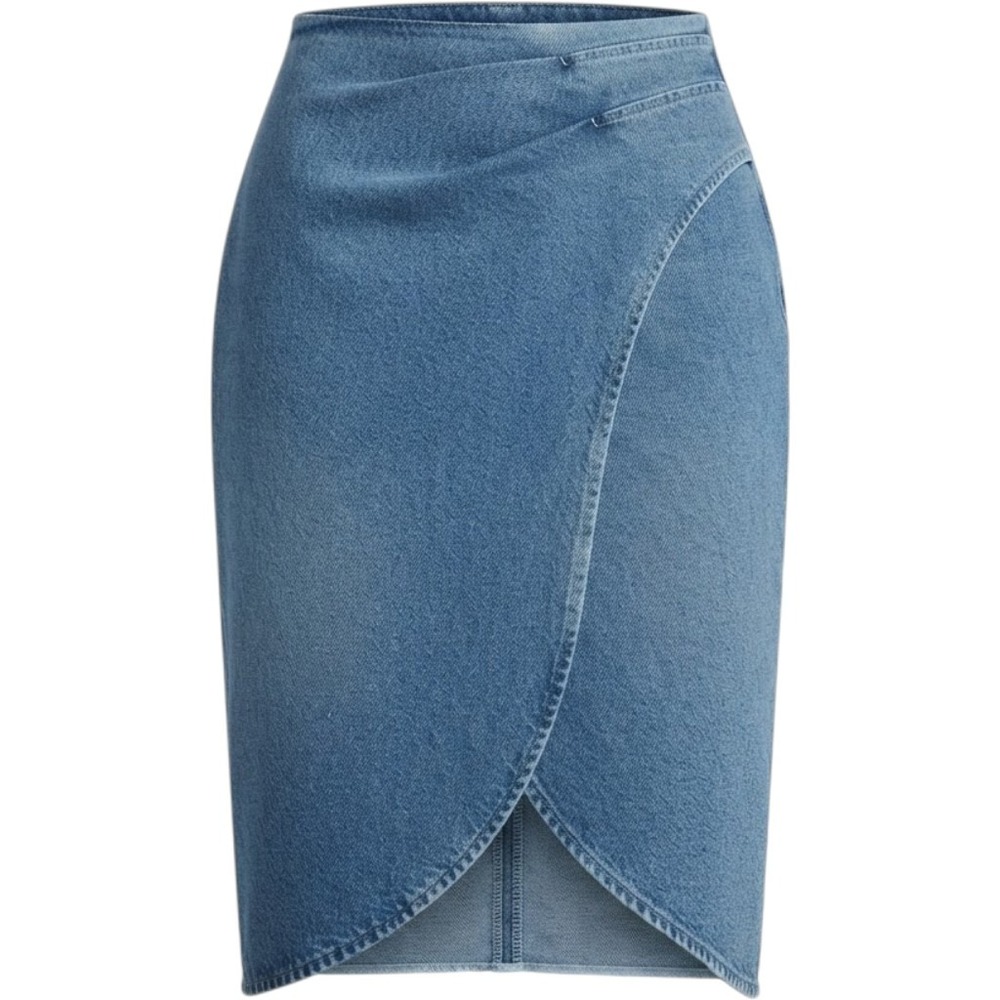 Halara Light Wash Denim Tulip Wrap Midi Skirt Blue Size Small High Waisted